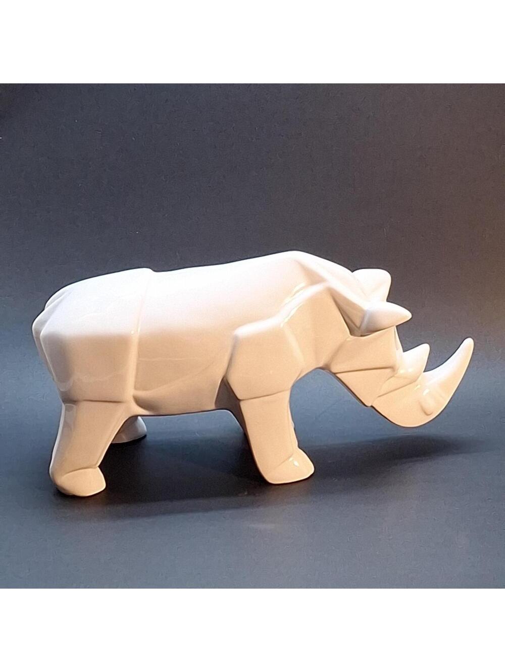 MCM White  Rhinoceros Faceted Sculptured Ceramic  Abstract Numbered Two Horns 11